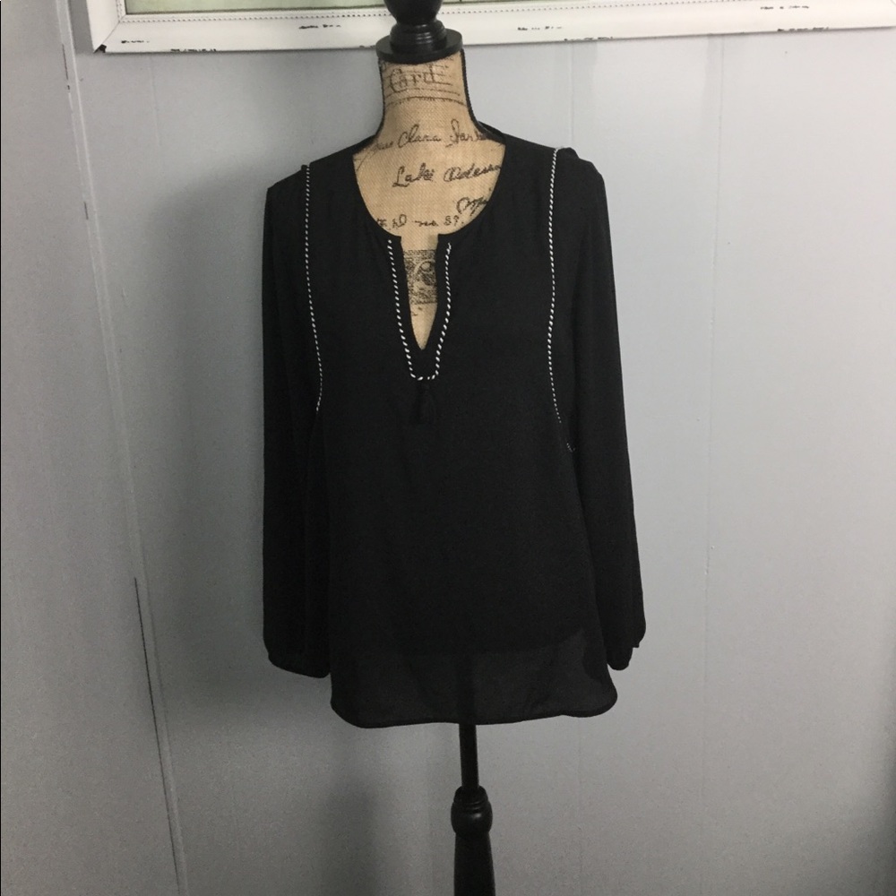 J. Crew Black Long-Sleeve V-Neck Blouse with Stitch Trim